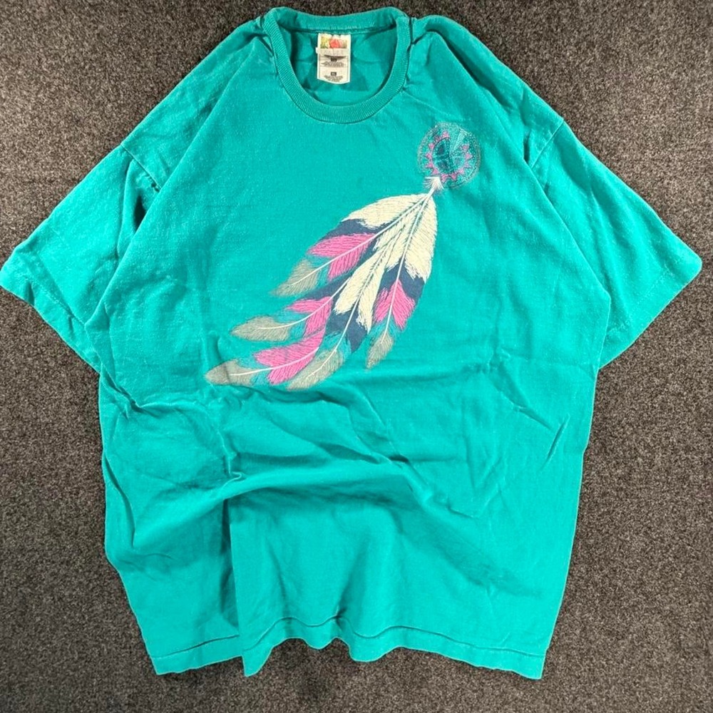 Vintage 90s Fruit of the Loom Arizona Feather Graphic T Shirt XL Turquoise Mens
